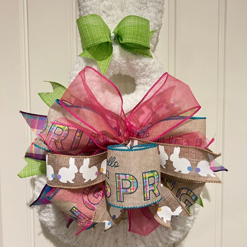 White Fluffy Yarn & Ribbon Bunny Wreath for Easter 19”L #8